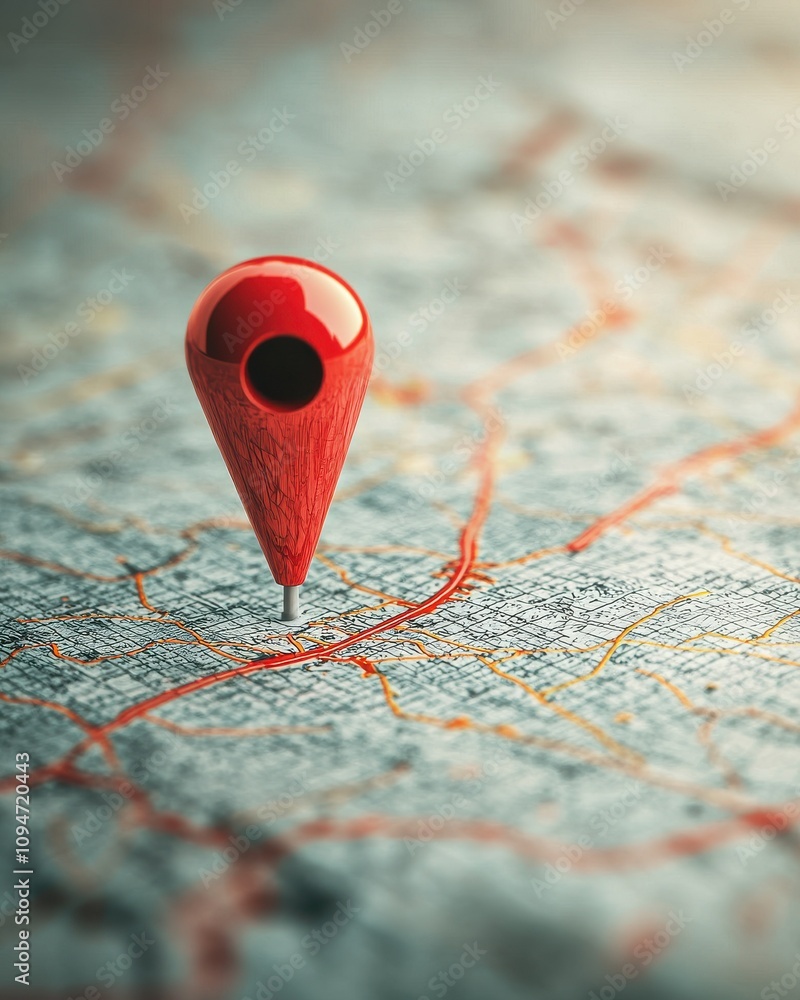A close-up of a red location pin on a textured map, symbolizing navigation and geographical mapping. A close-up of a red location pin on a textured map, symbolizing navigation and geographical mapping.