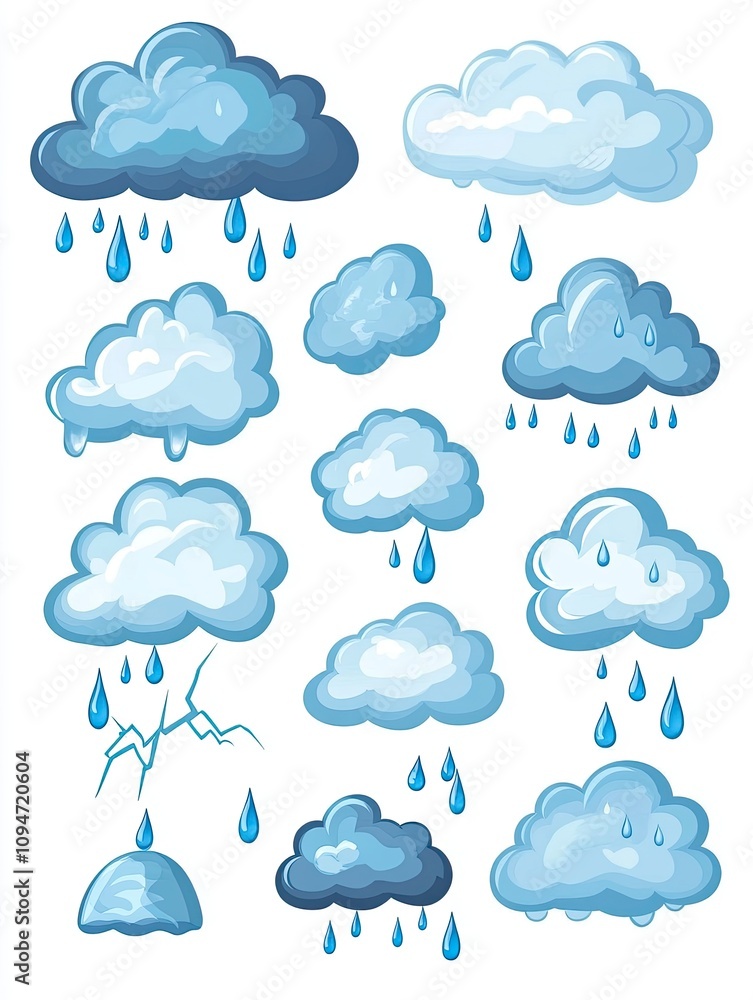 Obraz premium Cloud with rain weather icon set isolated on white background. Cartoon rain clouds collection.