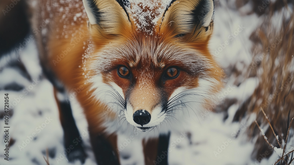 Obraz premium 雪の中を歩く赤毛のキツネのクローズアップ