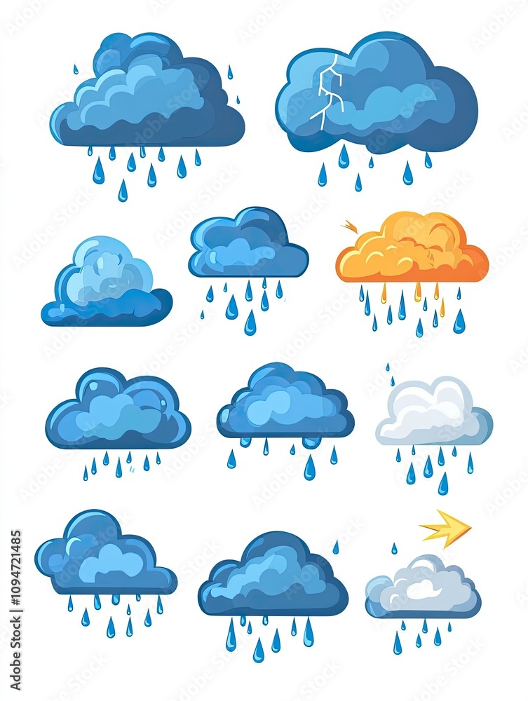 Cloud with rain weather icon set isolated on white background. Cartoon rain clouds collection. Cloud with rain weather icon set isolated on white background. Cartoon rain clouds collection.