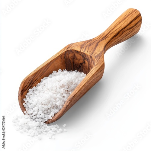 A wooden scoop filled with coarse, crystalline white salt spilling slightly over the edges isolated on a white background