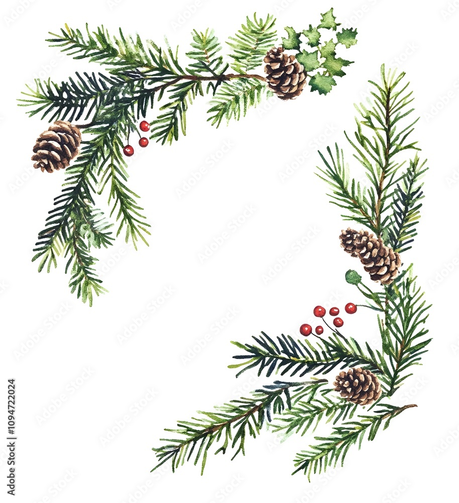 Natural Watercolor Frame Featuring Pine Cones, Evergreen Leaves, and Berries in a Beautifully Crafted Square Design for Seasonal Decorations Natural Watercolor Frame Featuring Pine Cones, Evergreen Leaves, and Berries in a Beautifully Crafted Square Design for Seasonal Decorations