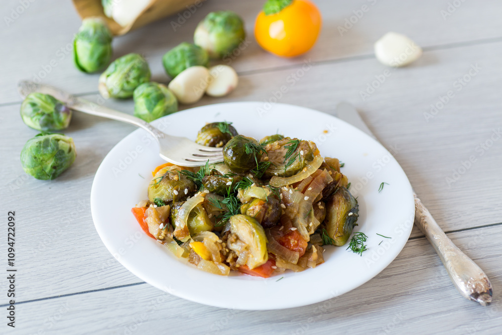 Brussel sprouts cooked with vegetables and spices Brussel sprouts cooked with vegetables and spices