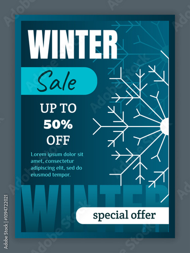Winter sale. Seasonal discount. Cold snowflakes. Shopping promotion. Shop advertising flyer. Christmas special offer percent. Blue ice frost. Snow season. Store promo marketing. Vector banner design