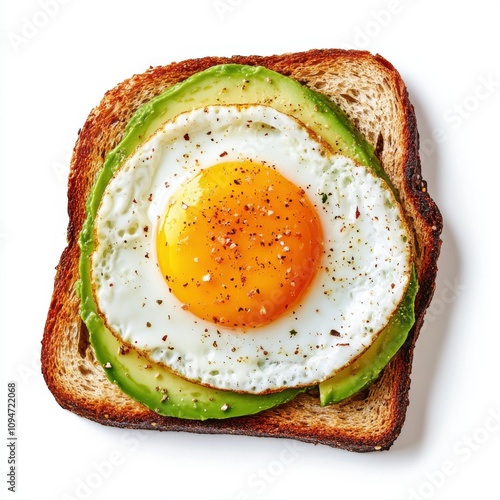 Avocado toast with fried egg isolated on white background photo