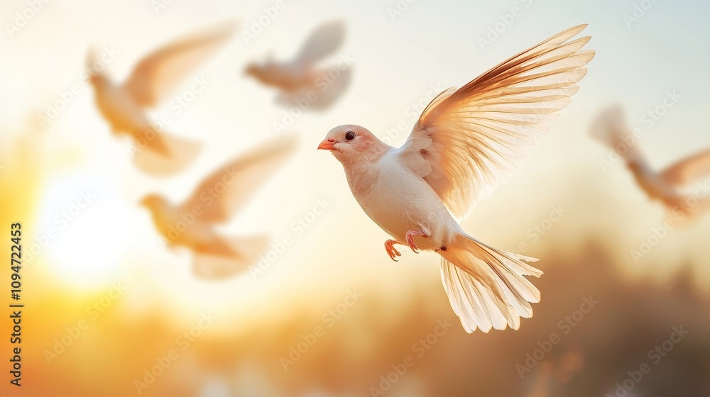 White Bird in Flight Against a Sunset Background with Other Birds in Motion, Capturing the Beauty of Nature and Freedom in an Elegant Scene White Bird in Flight Against a Sunset Background with Other Birds in Motion, Capturing the Beauty of Nature and Freedom in an Elegant Scene