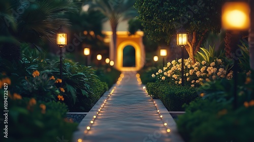 Illuminated pathway through lush garden at night.