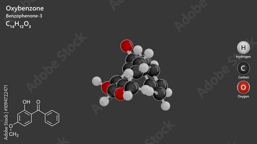 Oxybenzone or benzophenone-3. Animated 3D model of a molecule. Molecular formula: C14H12O3. Chemical model: Ball and sticks. Gray background. 3D rendering. Seamless loop. photo