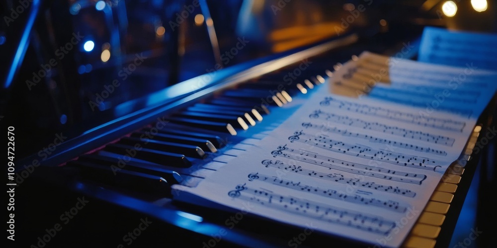 A close-up of a piano keyboard and sheet music. A close-up of a piano keyboard and sheet music.