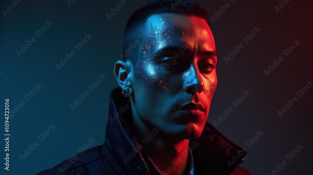 Futuristic Man with Metallic Makeup and LED Accessories Futuristic Man with Metallic Makeup and LED Accessories