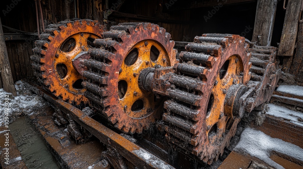 Three Rusty Gears Interlocking on a Wooden Surface Three Rusty Gears Interlocking on a Wooden Surface
