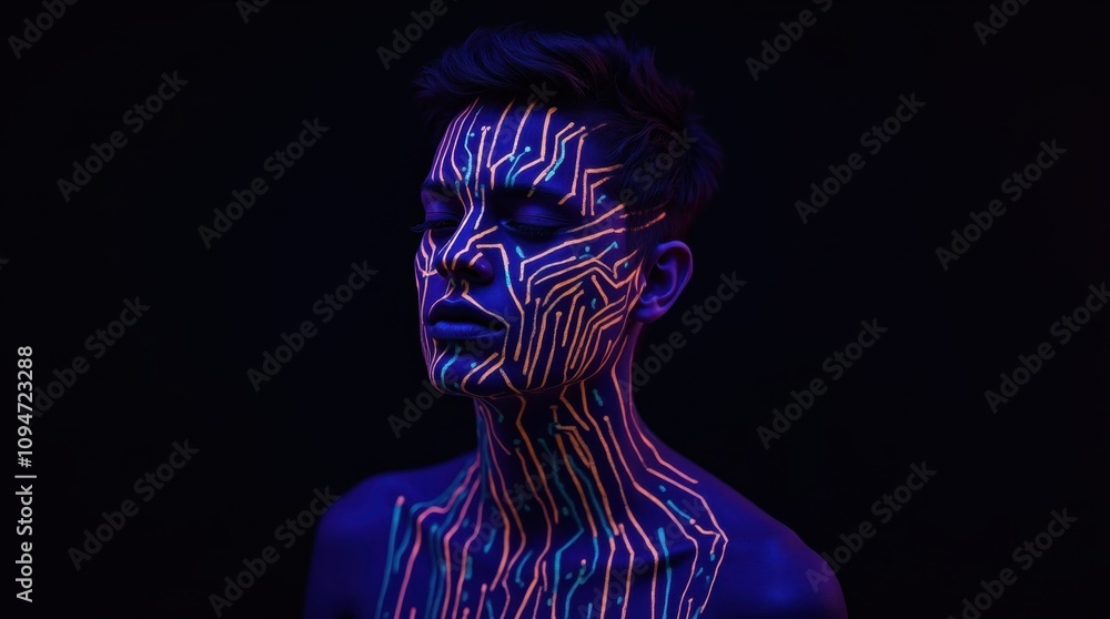 Naklejka premium Person with UV Face Paint Creating Circuit Patterns