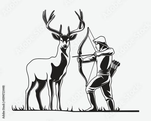 A drawing of a hunting deer with antlers. Deer and Duck with a beige background.
