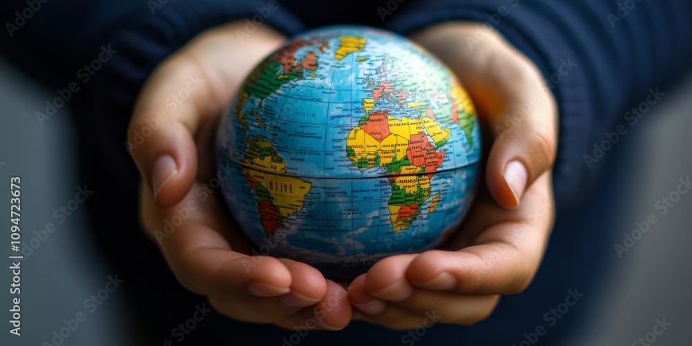 A company's core values—responsibility, ethics, and goals—are shown. A person holds a globe displaying these values on a screen. A company's core values—responsibility, ethics, and goals—are shown. A person holds a globe displaying these values on a screen.