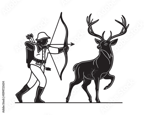A drawing of a hunting deer with antlers. Deer and Duck with a beige background.
