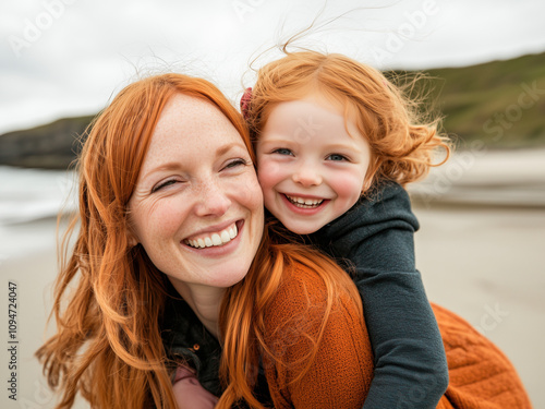 A smiling mother and daughter share a joyful moment on the beach, surrounded by natural cliffs and greenery.