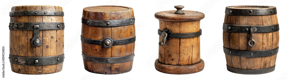 Obraz premium Various Vintage Wooden Barrels on Transparent Background