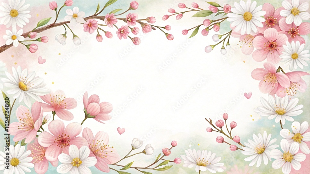 Spring floral border design with blossoming flowers on light pastel background for invitations Spring floral border design with blossoming flowers on light pastel background for invitations