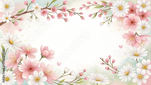 Spring floral border design with blossoming flowers on light pastel background for invitations
