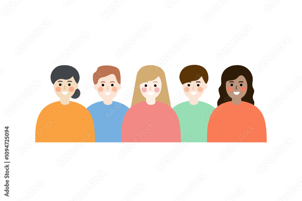 Group of happy smiling people. Community, friendship, unity, care, multiracial, multicultural, teamwork, concepts. Flat character vector design illustration isolated on white background. Group of happy smiling people. Community, friendship, unity, care, multiracial, multicultural, teamwork, concepts. Flat character vector design illustration isolated on white background.