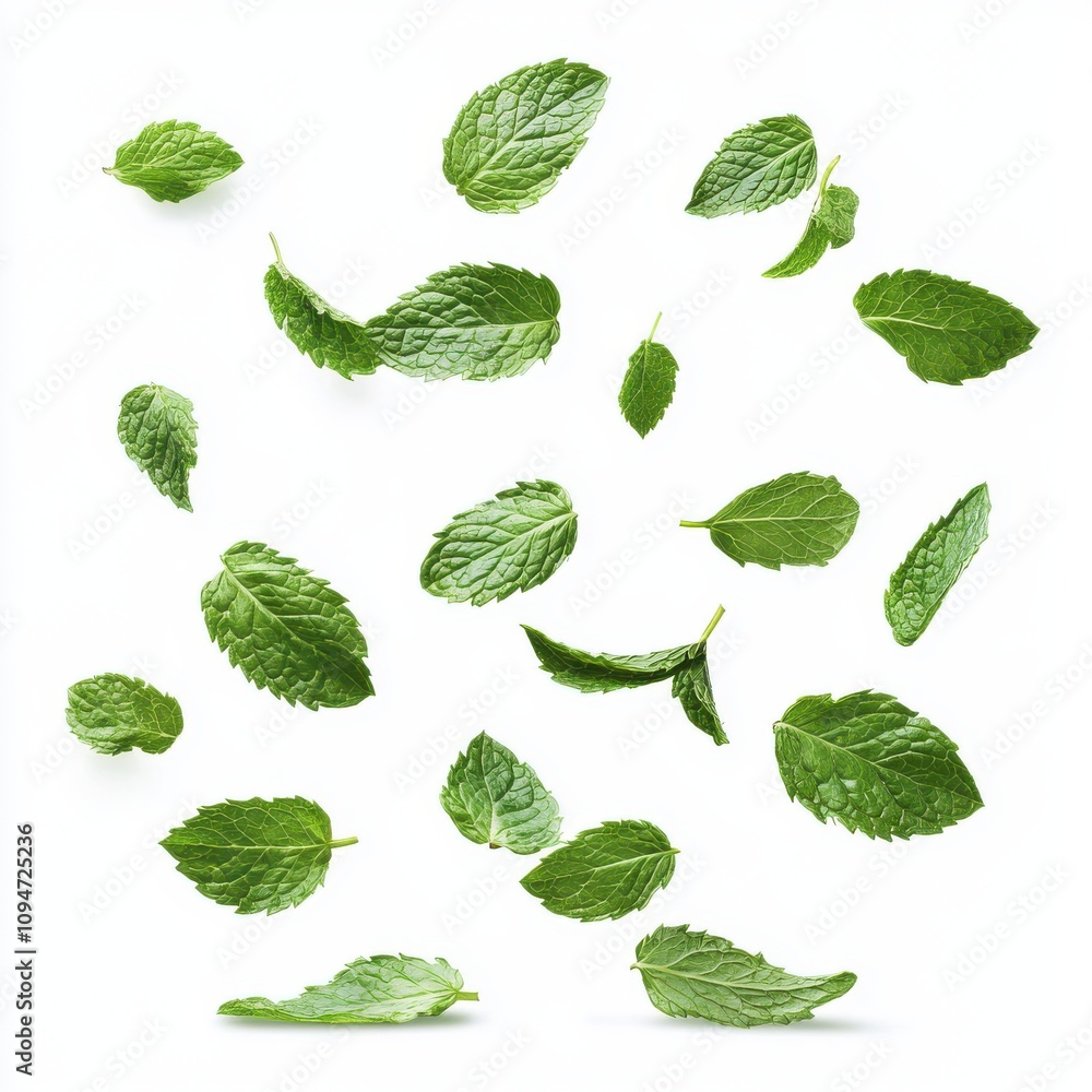 Falling mint leaves isolated on white background Falling mint leaves isolated on white background