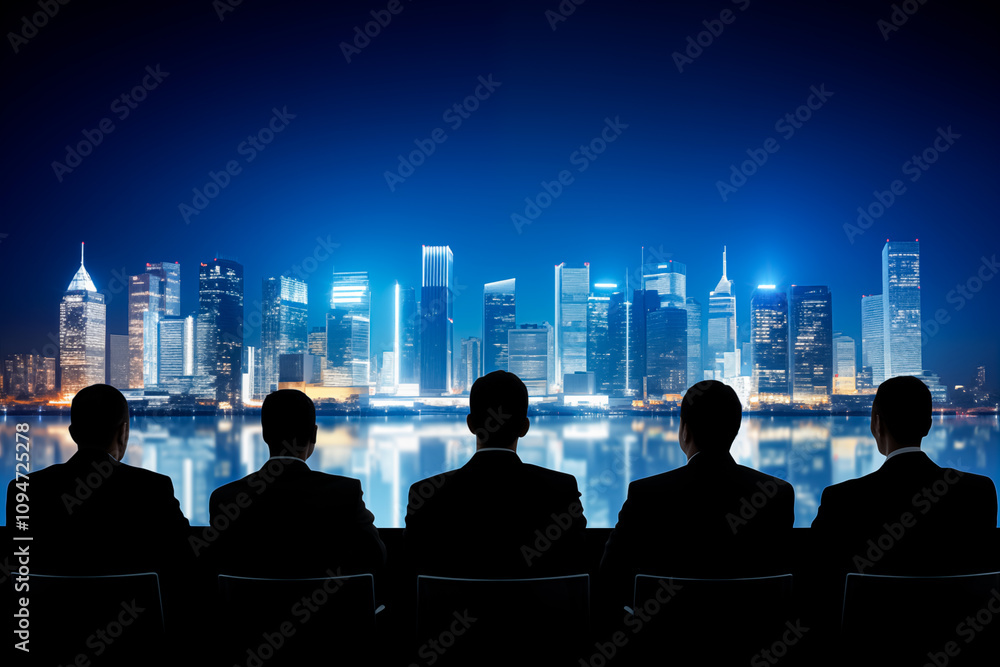 Fototapeta premium Business people sitting together looking at a futuristic city, image created with AI