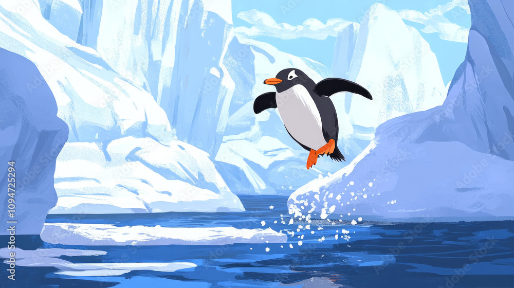Obraz premium A penguin is jumping from an ice floe into the water., AI Generative