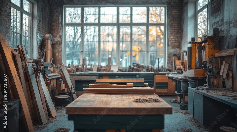 A Well-Equipped Workshop With Large Windows and a View of the Woods A Well-Equipped Workshop With Large Windows and a View of the Woods