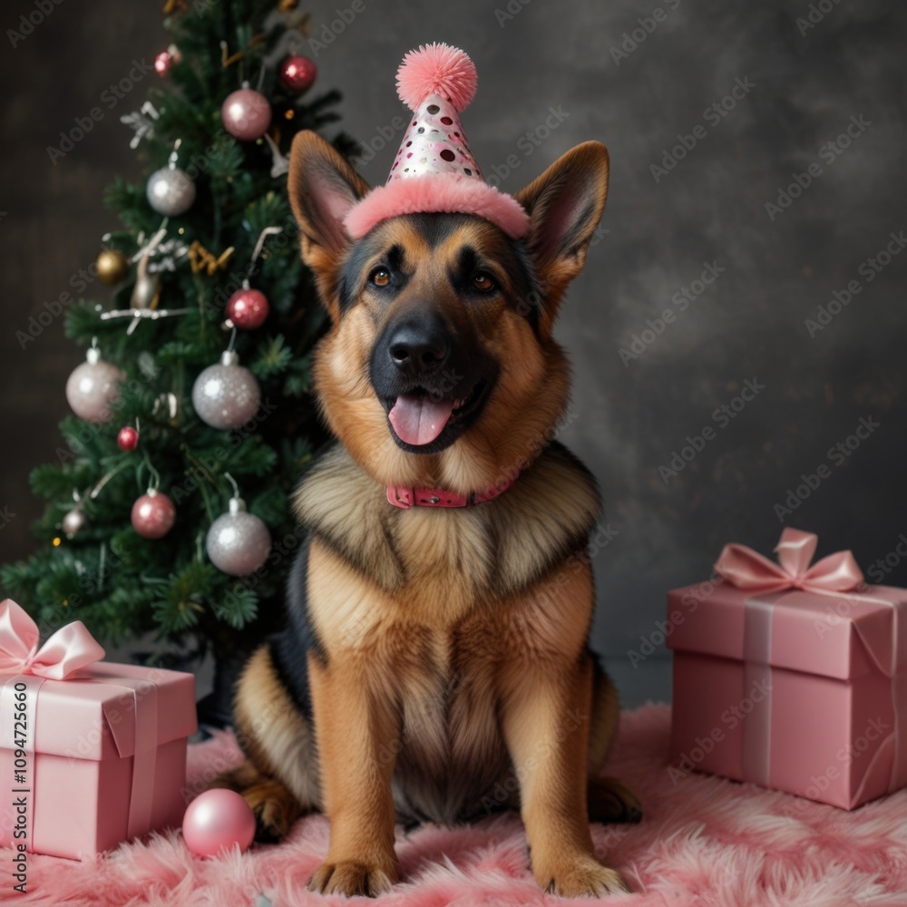 A German Shepherd in a New Year's hat and decorative collar sits gracefully on a wooden background next to New Year's gifts and a Christmas tree. A German Shepherd in a New Year's hat and decorative collar sits gracefully on a wooden background next to New Year's gifts and a Christmas tree.