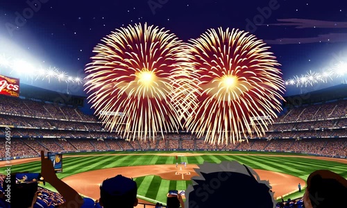 A silhouette of a crowd watches a baseball game with fireworks in the night sky.