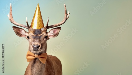 Creative animal concept. Deer in party cone hat necklace bowtie outfit isolated on solid pastel background advertisement, copy text space. birthday party invite invitation photo