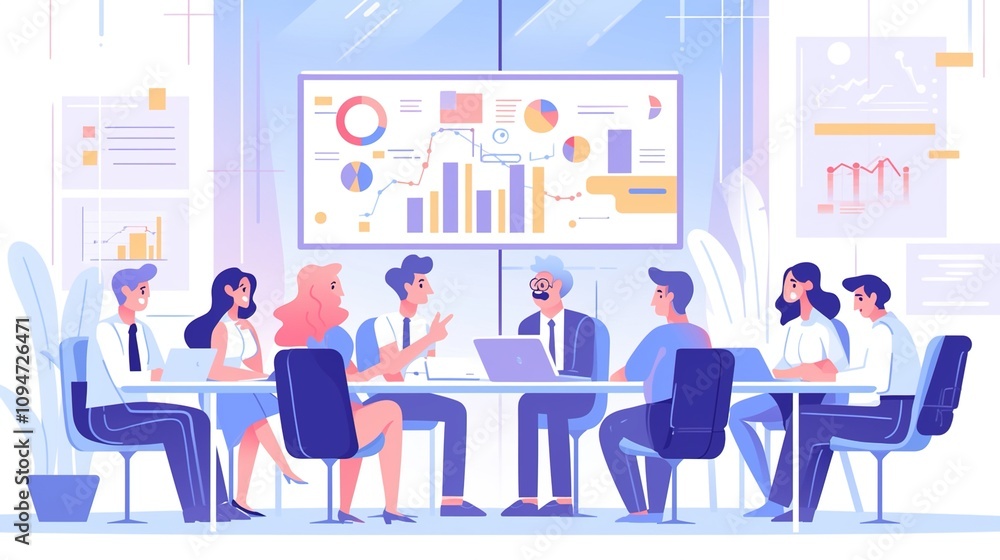 Dynamic Team Presentation: Cartoon-Style Business Meeting with Graphs and Charts on Screen, Team Engaged in Discussion in a Colorful, Modern Office Environment Dynamic Team Presentation: Cartoon-Style Business Meeting with Graphs and Charts on Screen, Team Engaged in Discussion in a Colorful, Modern Office Environment