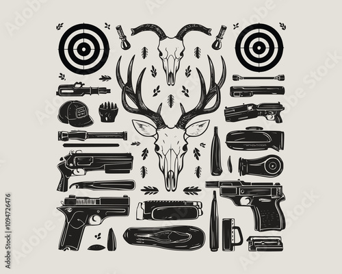 A drawing of a hunting deer with antlers. Deer and Duck with a beige background.
