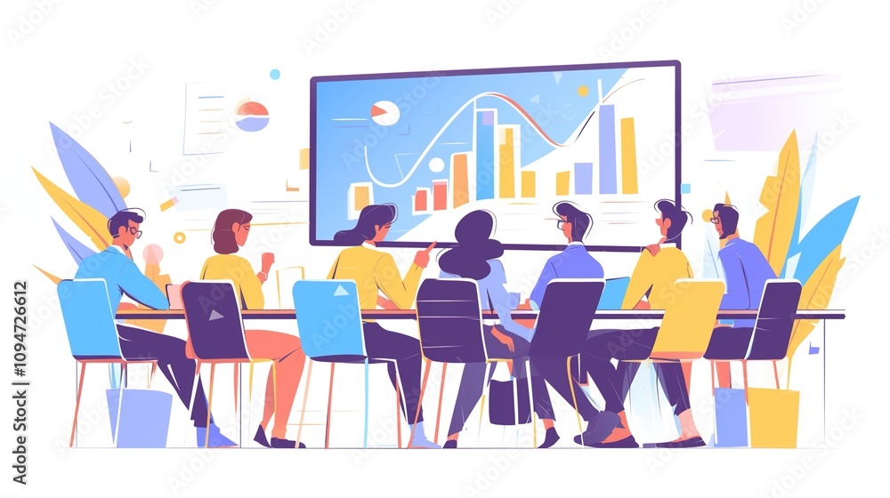 Dynamic Team Presentation: Cartoon-Style Business Meeting with Graphs and Charts on Screen, Team Engaged in Discussion in a Colorful, Modern Office Environment Dynamic Team Presentation: Cartoon-Style Business Meeting with Graphs and Charts on Screen, Team Engaged in Discussion in a Colorful, Modern Office Environment