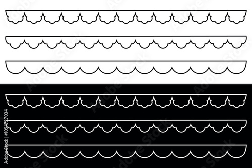Simple outline scalloped edge seamless lower border. Vector illustration isolated on Black and white background.