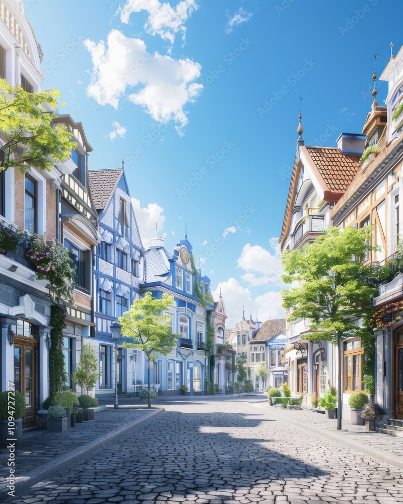 Naklejka premium Serene morning stroll through an enchanting old european village cobblestone street with pastel-colored houses soft light atmosphere
