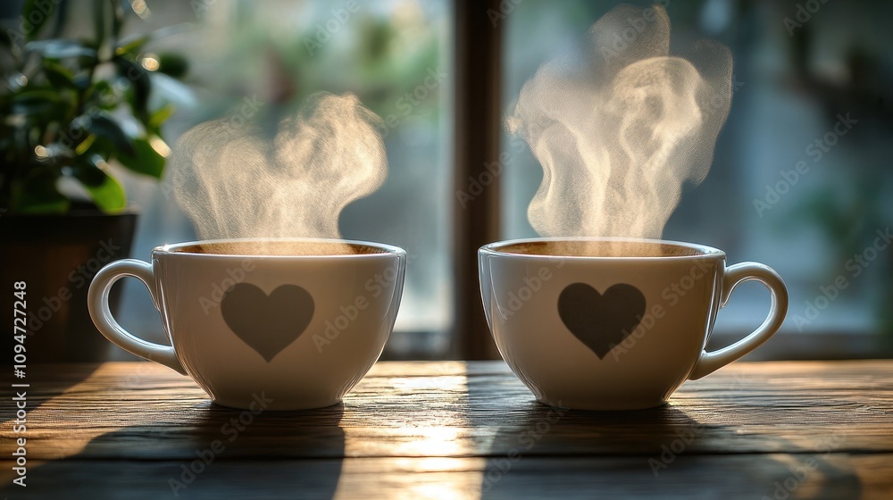 Coffee Cups Emitting Gentle Heart Steam Coffee Cups Emitting Gentle Heart Steam