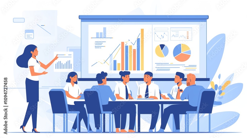 Dynamic Team Presentation: Cartoon-Style Business Meeting with Graphs and Charts on Screen, Team Engaged in Discussion in a Colorful, Modern Office Environment Dynamic Team Presentation: Cartoon-Style Business Meeting with Graphs and Charts on Screen, Team Engaged in Discussion in a Colorful, Modern Office Environment