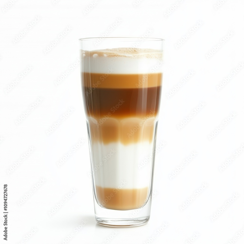 Layered latte macchiato in tall clear glass isolated on white background Layered latte macchiato in tall clear glass isolated on white background