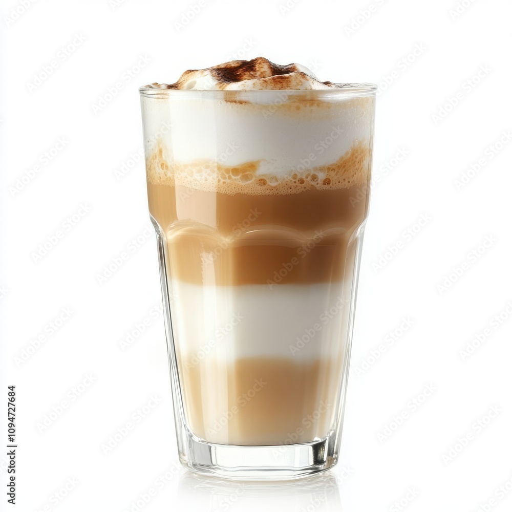 Layered latte macchiato in tall clear glass isolated on white background Layered latte macchiato in tall clear glass isolated on white background