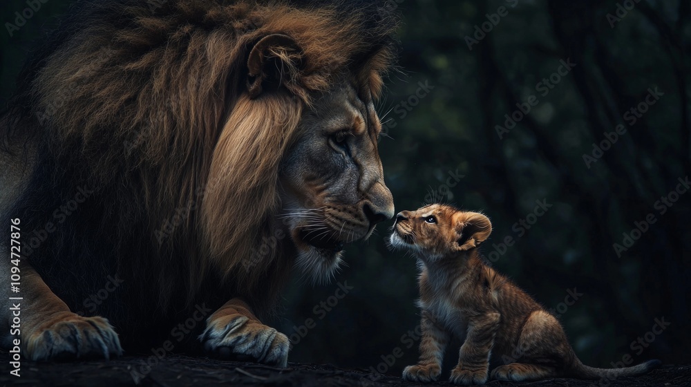 Naklejka premium serene moment lion and its young cub engage affectionate interaction amidst shadows dark forest exuding love and connection