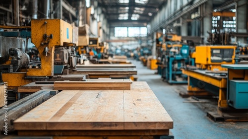 Industrial Factory Interior with Machinery and Workbenches