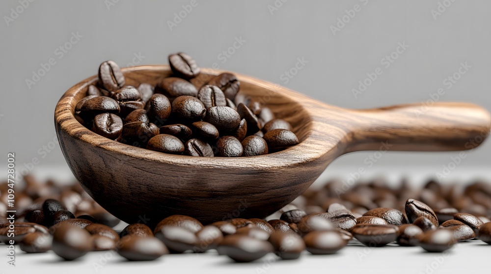 Fototapeta premium Coffee beans on rustic spoon isolated on transparent background