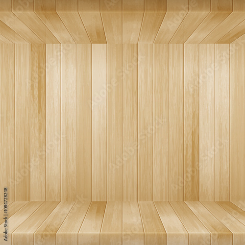 Vector empty room with wooden wall, floor and ceiling. Realistic brown planks wall panel and floor. Minimal 3d scene for organic product mockup, natural wood interior background.