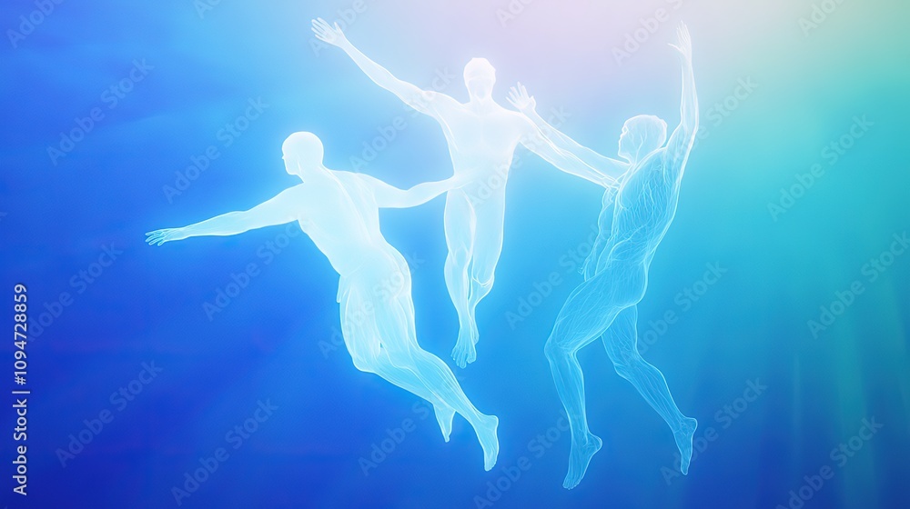Three translucent figures float weightlessly in a vibrant blue and white ethereal space, arms outstretched. Three translucent figures float weightlessly in a vibrant blue and white ethereal space, arms outstretched.