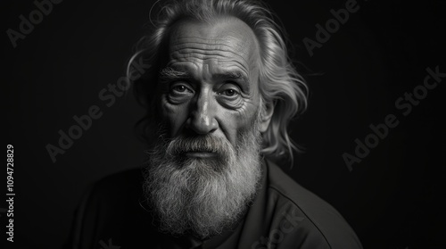 Elderly Man with Long Beard in Black and White Portrait