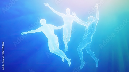 Three translucent figures float weightlessly in a vibrant blue and white ethereal space, arms outstretched.