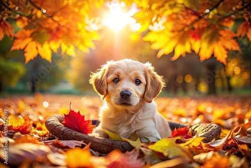 Cozy Puppy Playing in Autumn Leaves at the Park with Warm Sunbeams Illuminating the Scene