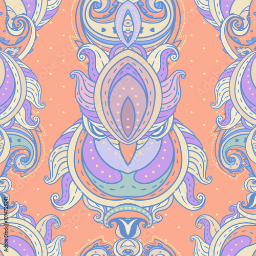 Floral paisley indian vector colorful ornate seamless pattern. Hand drawn des...