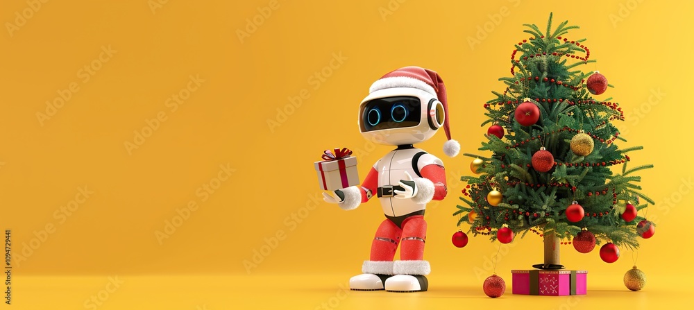 Obraz premium 3d Happy Cute Modern AI Robot Santa Claus Hat Suit Holding Gift Box Yellow Background New Year Ornaments Christmas Tree Colorful Boxes Fir Tree Branches Copy Space